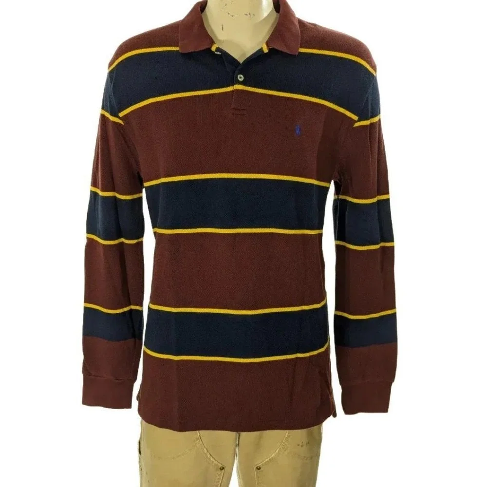 VTG Polo Ralph Lauren Burgundy Striped Cotton Pique Rugby Shirt Sz XL EUC